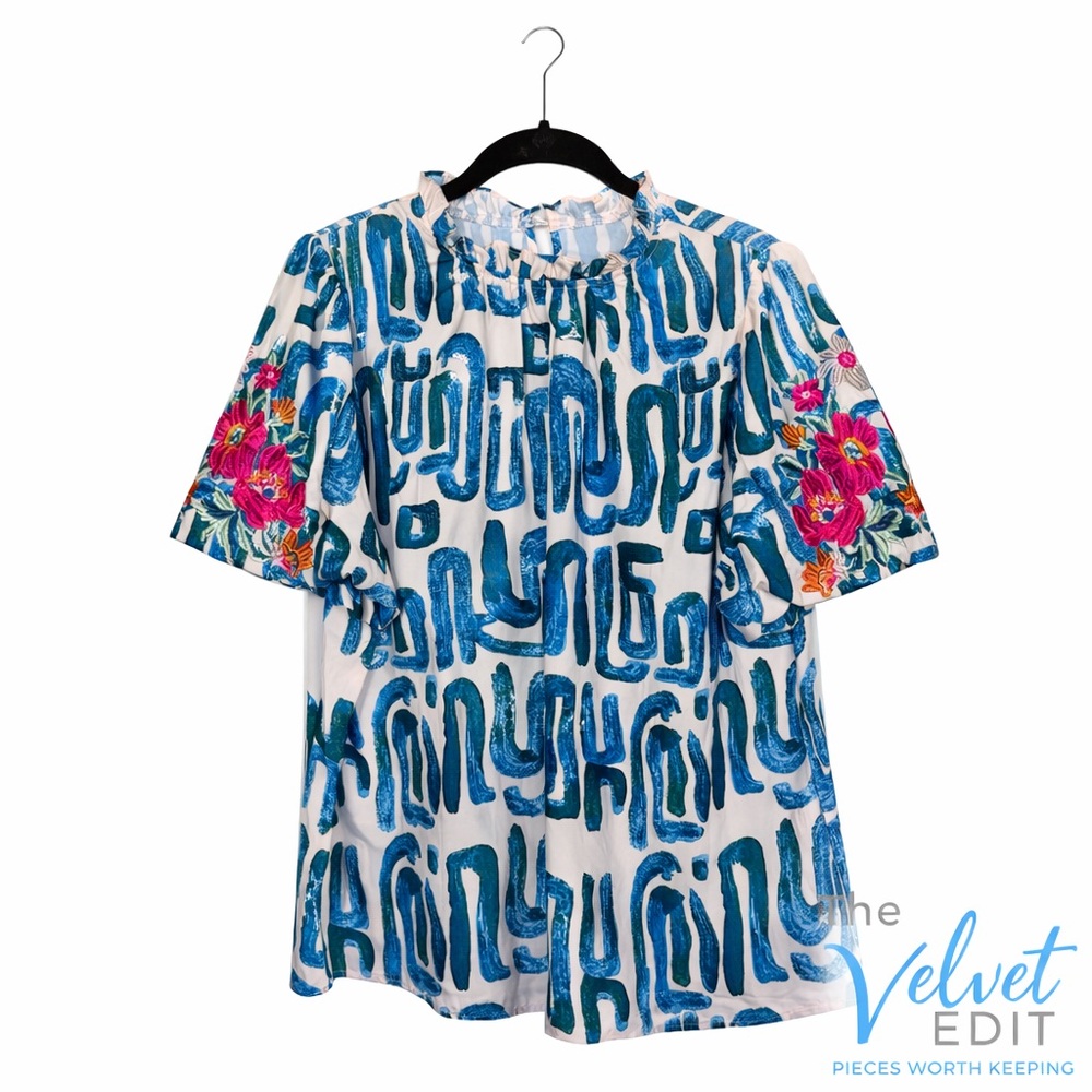 Boutique Blue Abstract Print Embroidered Sleeve Boho Blouse Size Medium
